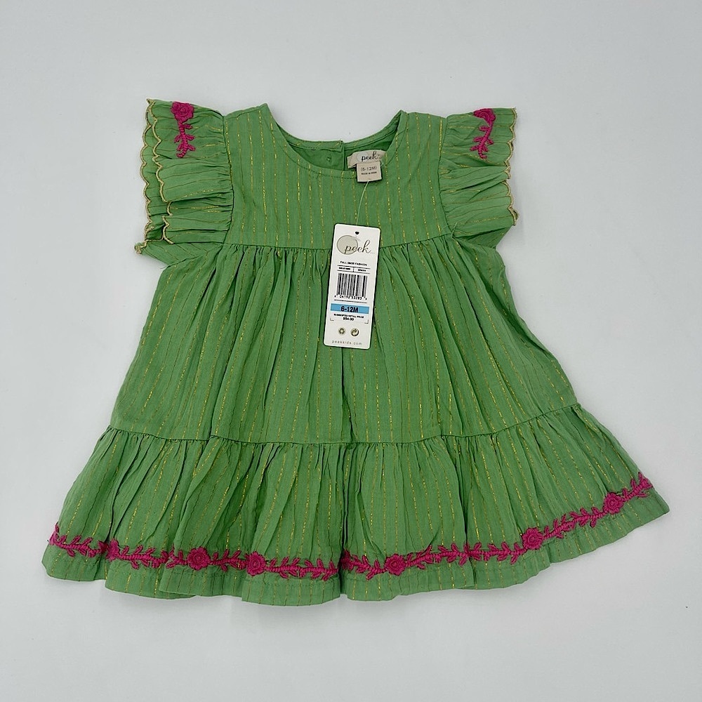 NWT Peek green embroidered tiered dress. Size 6-12mo